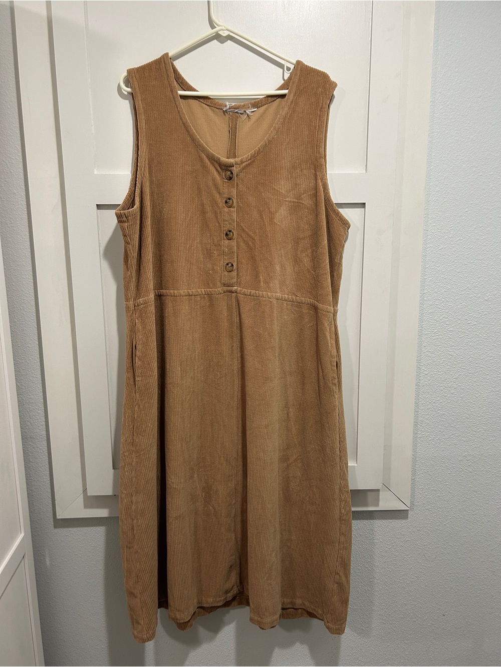 Vintage Inspired Button Front Corduroy Pinafore Midi Dress Jumper in Camel Tan